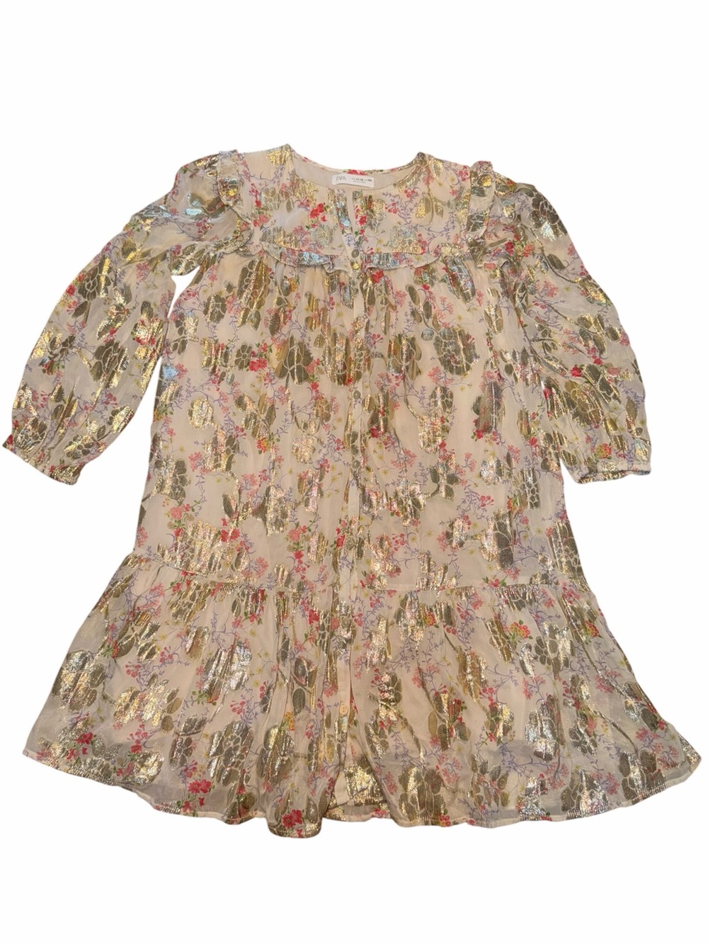 Zara Girls' Cream Floral Metallic Foil Long-Sleeve knee length Dress, size 11-12
